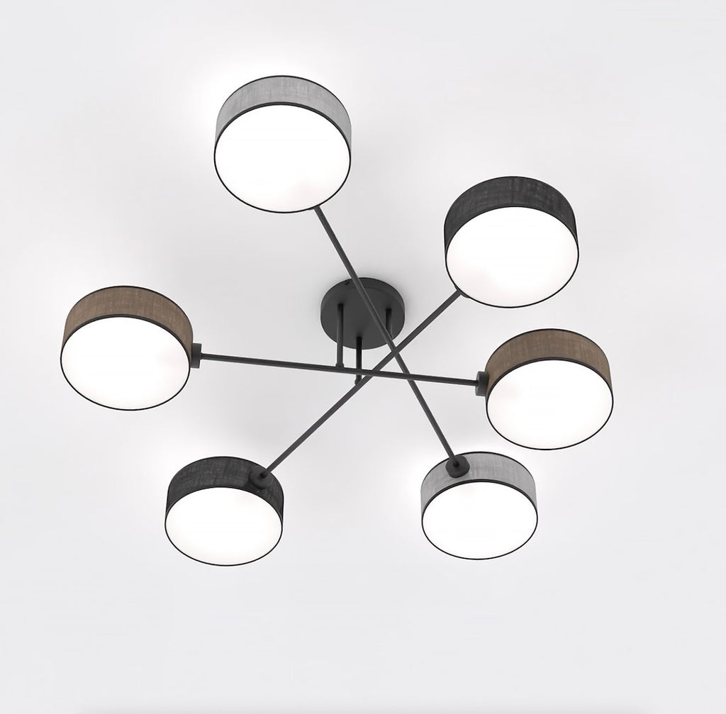 Plafondlamp gepoedercoat staal Japandi zwart met 6 kappen in zwart, bruin en grijs 105 x 105 cm, woonkamer