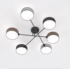 Plafondlamp gepoedercoat staal Japandi zwart met 6 kappen in zwart, bruin en grijs 105 x 105 cm, woonkamer