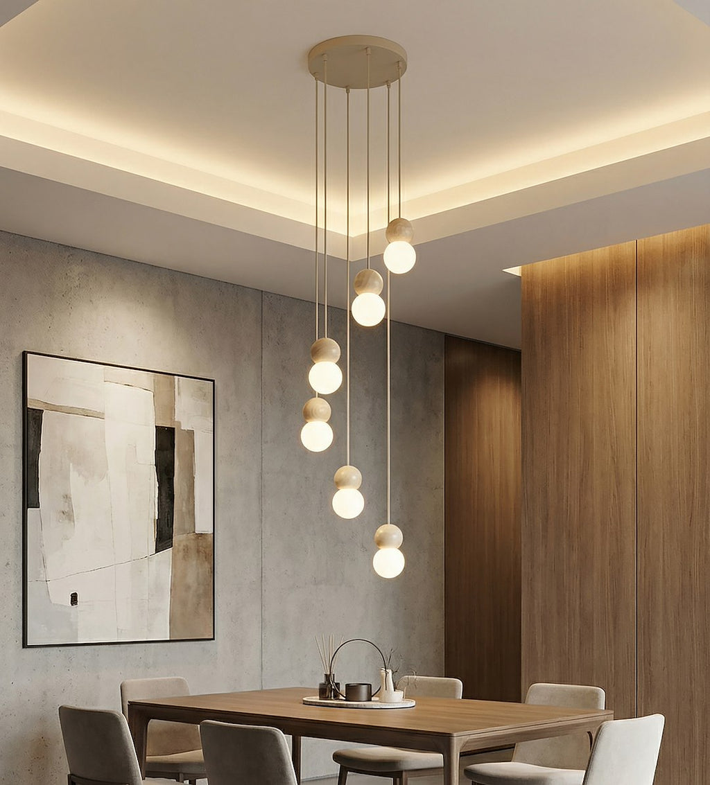 Hanglamp gepoedercoat staal hout Loop Scandinavisch beige met witte kappen, 6 lichtpunten (G9) voor boven eettafel