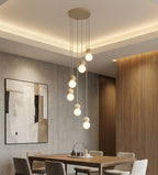 Hanglamp gepoedercoat staal hout Loop Scandinavisch beige met witte kappen, 6 lichtpunten (G9) voor boven eettafel