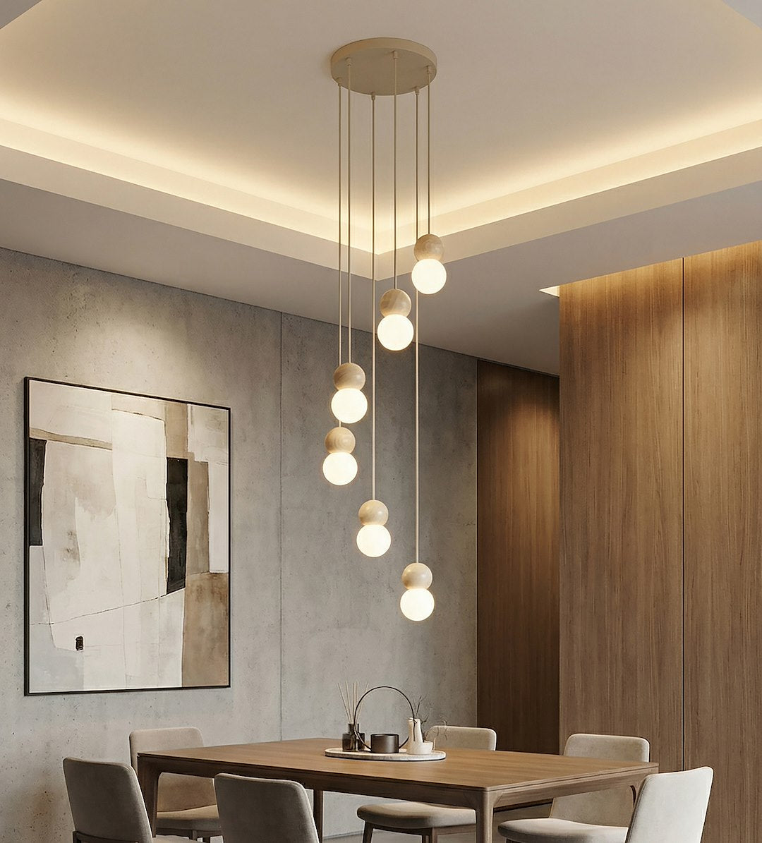 Hanglamp gepoedercoat staal hout Loop Scandinavisch beige met witte kappen, 6 lichtpunten (G9) voor boven eettafel