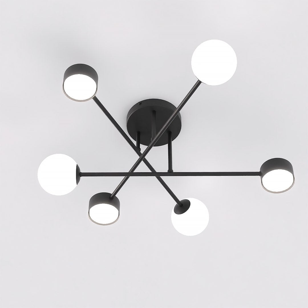 Plafondlamp gepoedercoat staal modern Holon zwart met witte kappen, 64 x 64 x 23 cm, 6 fittingen, woonkamer, eetkamer of hal