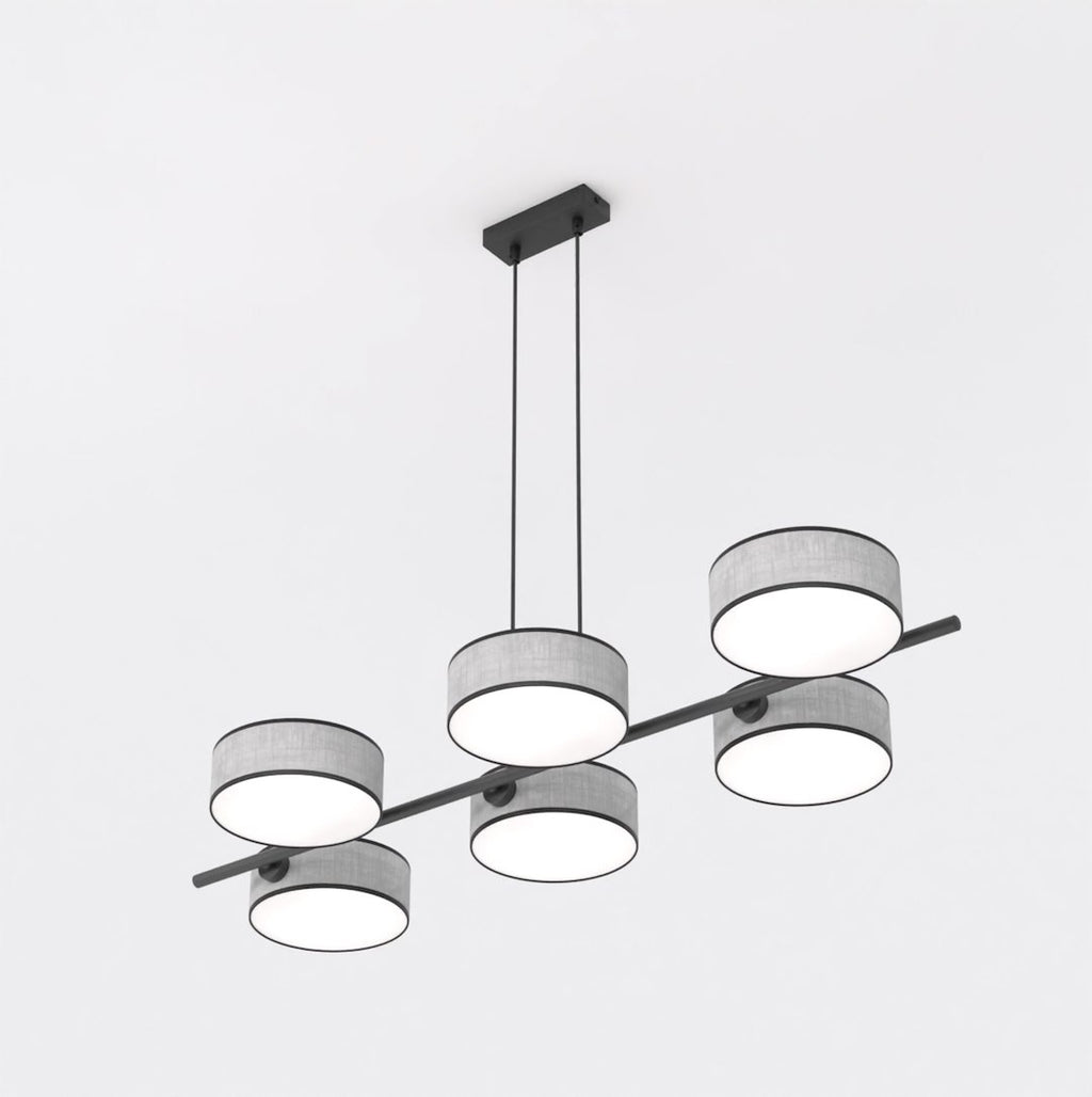 Hanglamp gepoedercoat staal Japandi Drumz grijs, 6 lichts, 100 x 46 x 120 cm, eettafel en keukeneiland