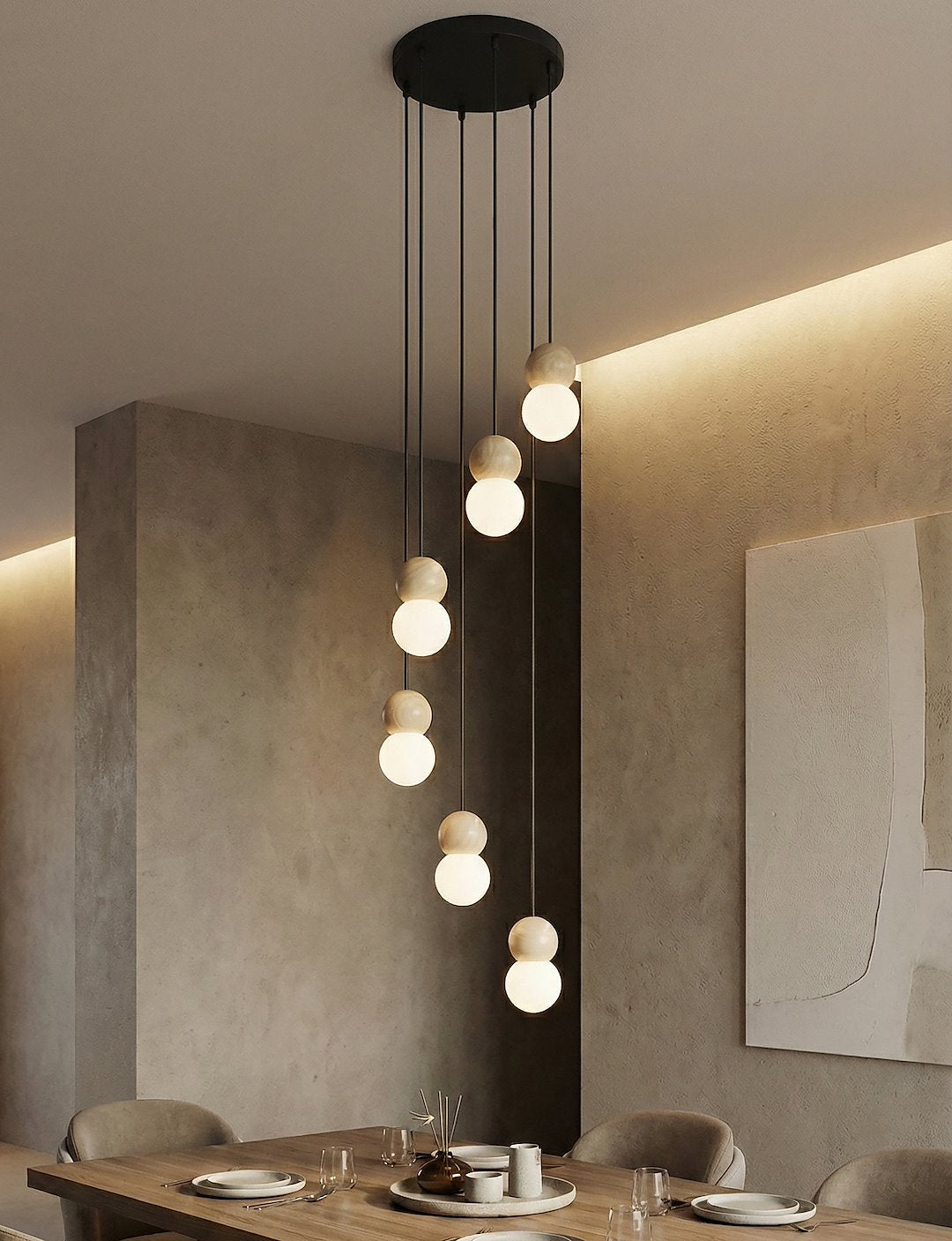 Hanglamp gepoedercoat staal en hout Loop, Scandinavisch zwart, 6 fittingen G9, witte kap Ø 10 cm, eettafel