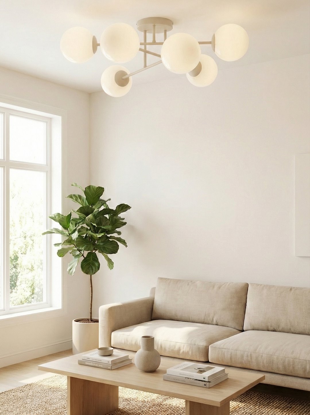 Plafondlamp gepoedercoat staal Roma beige, witte glazen bollen, 75 cm breed, 6 lichts E14 voor woonkamer