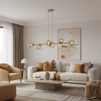 Hanglamp gepoedercoat staal en glas Magnus, beige met amber glas, breedte 110 cm, 6 fittingen E14