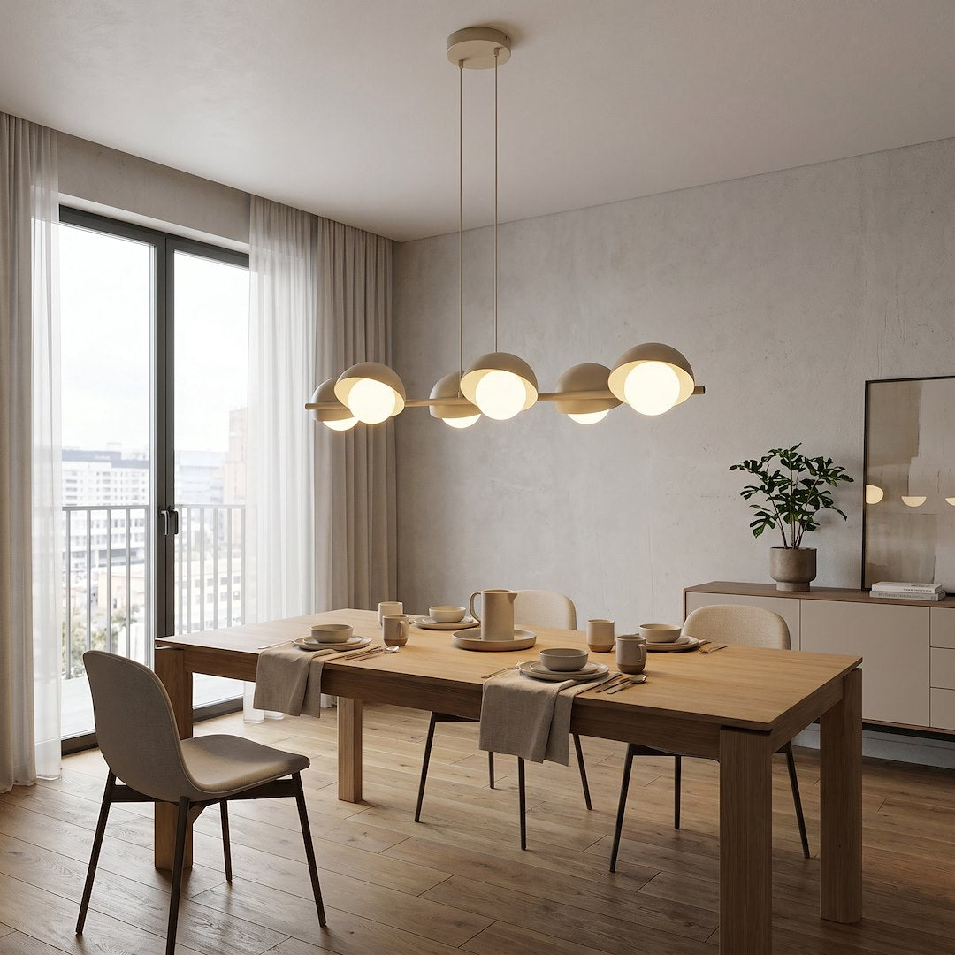 Hanglamp gepoedercoat staal Scandinavisch mokka met 6 witte halfbolkappen, G9, 88 x 32 cm, eettafel