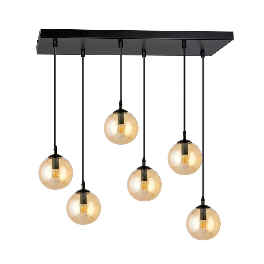 Hanglamp 6 lichts gepoedercoat staal en glas, Cosmo modern, zwart met amberkleurige kappen, 65 x 120 cm