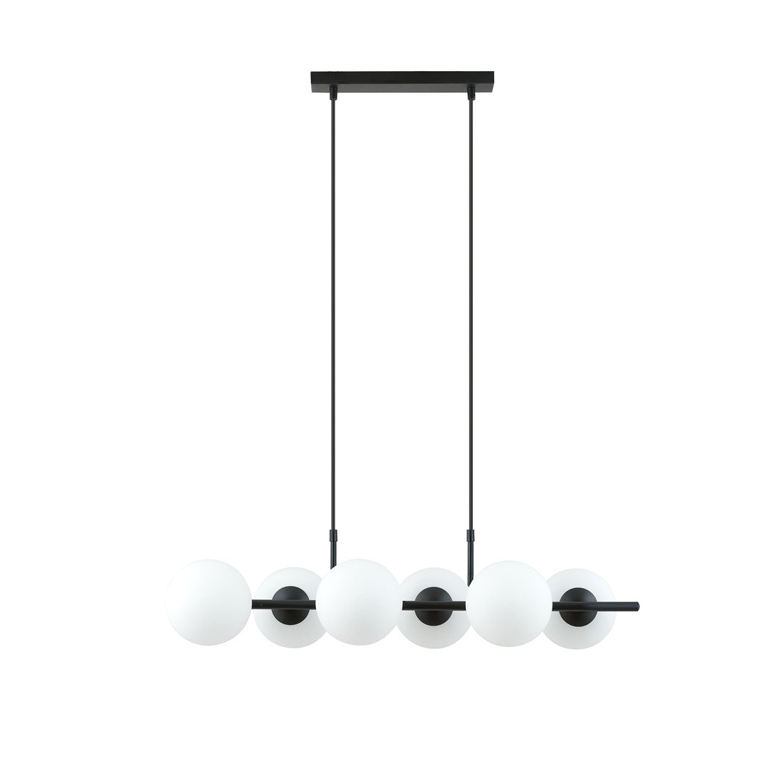 Hanglamp gepoedercoat staal modern Rory 6 zwart met witte glazen kappen, 95 x 110 cm, eettafel en kookeiland