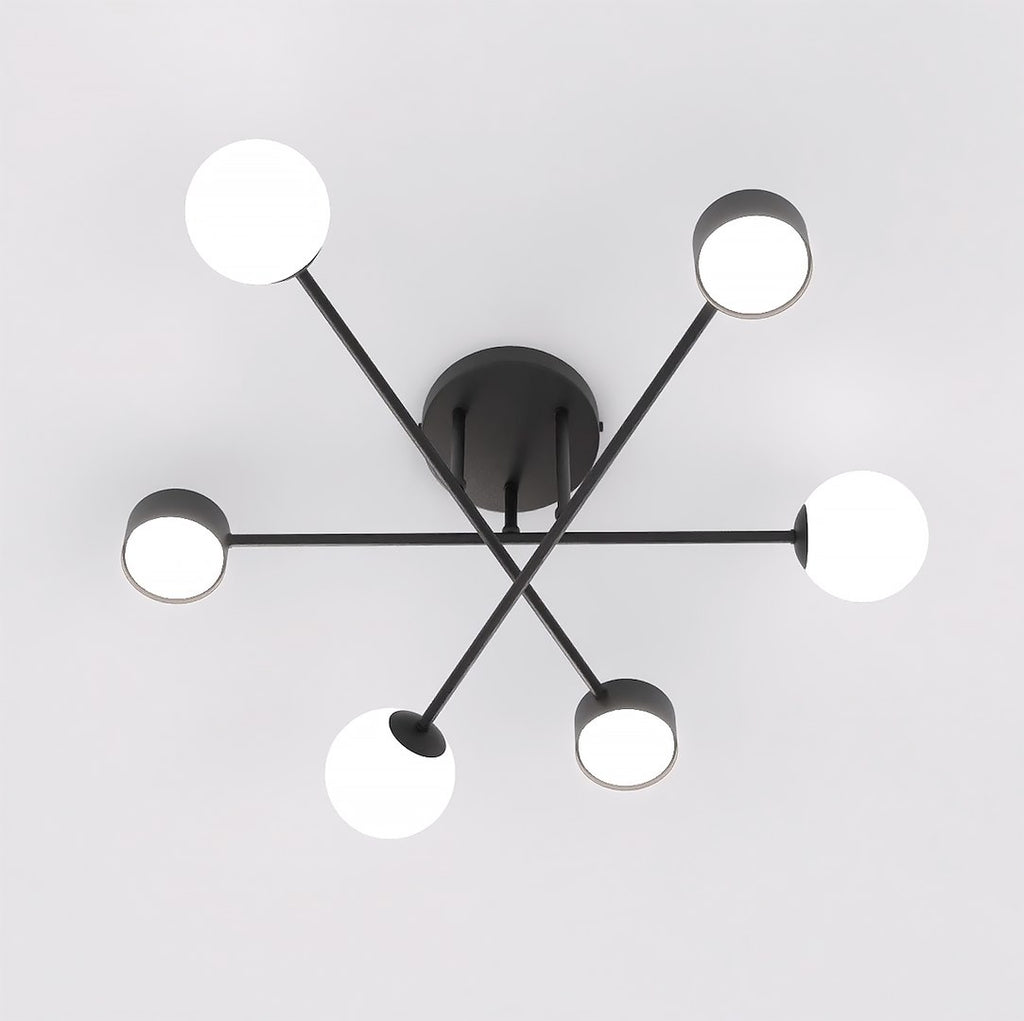 Plafondlamp gepoedercoat staal modern Holon zwart met witte kappen, 64 x 64 x 23 cm, 6 fittingen, woonkamer, eetkamer of hal
