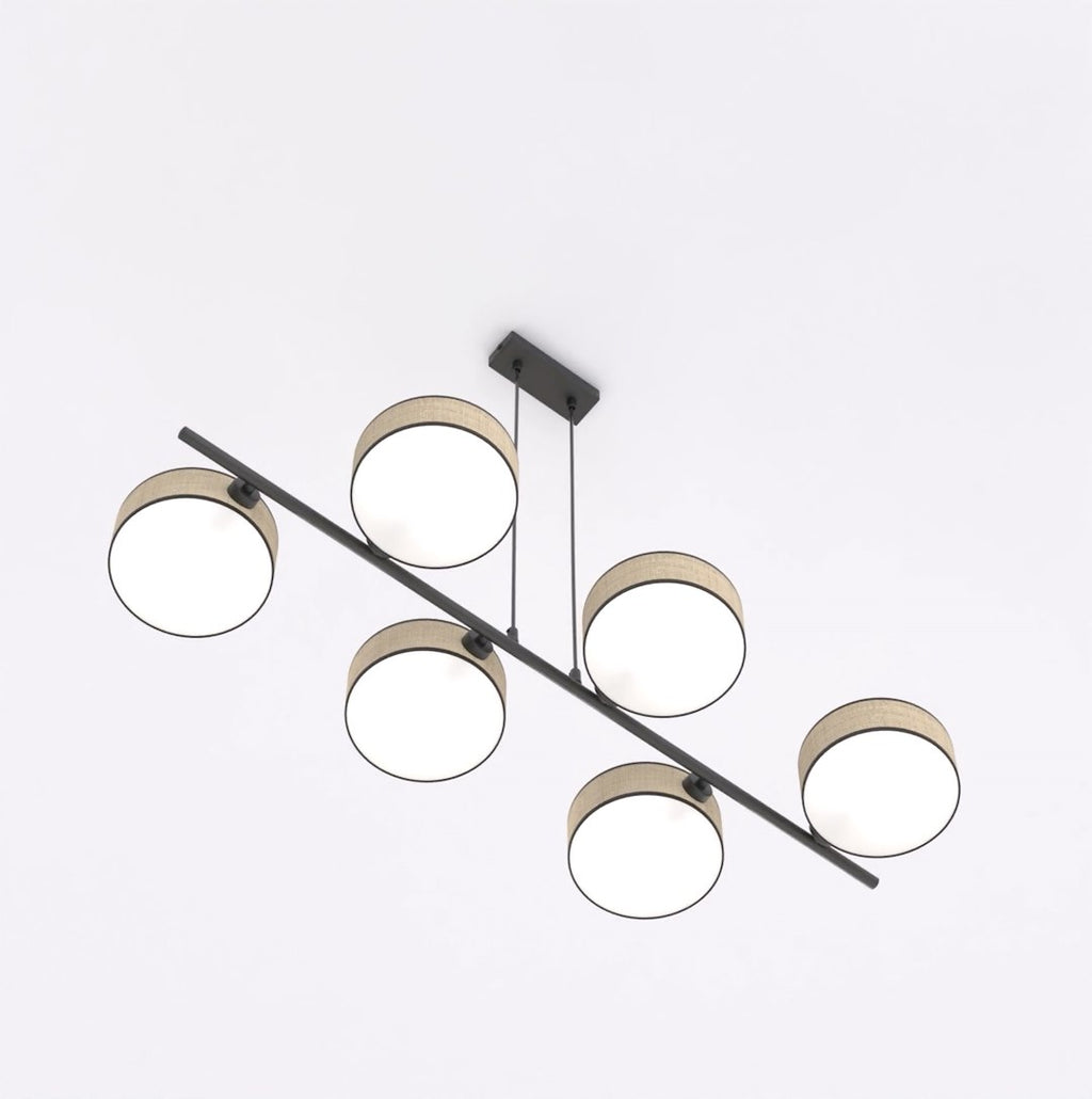 Hanglamp rotan gepoedercoat staal Japandi Drumz 6 lichts, zwart en naturel, hoogte verstelbaar, eettafel
