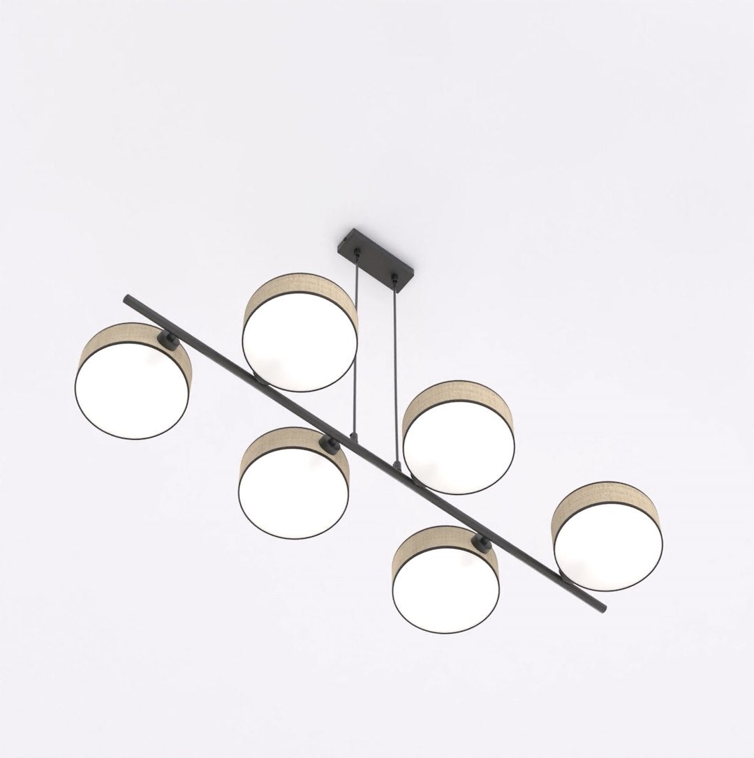 Hanglamp rotan gepoedercoat staal Japandi Drumz 6 lichts, zwart en naturel, hoogte verstelbaar, eettafel