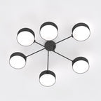 Plafondlamp gepoedercoat staal Japandi zwart met 6 lampenkappen, 105 x 105 x 22 cm, woonkamer en eetkamer