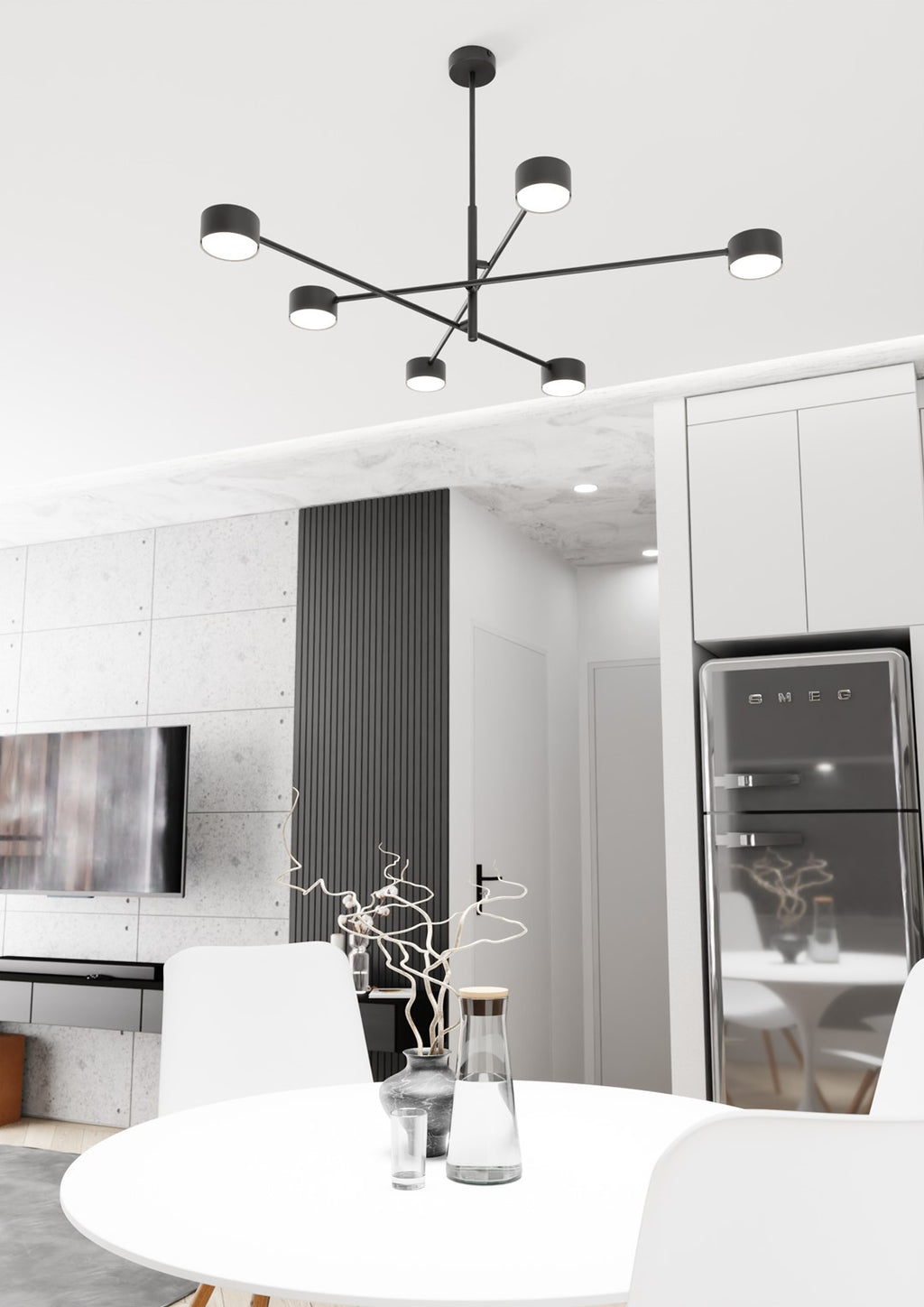 Plafondlamp gepoedercoat staal Natsu, modern, mat zwart, 84 x 84 x 56 cm, 6 lichtpunten voor woonkamer, eetkamer of kantoor