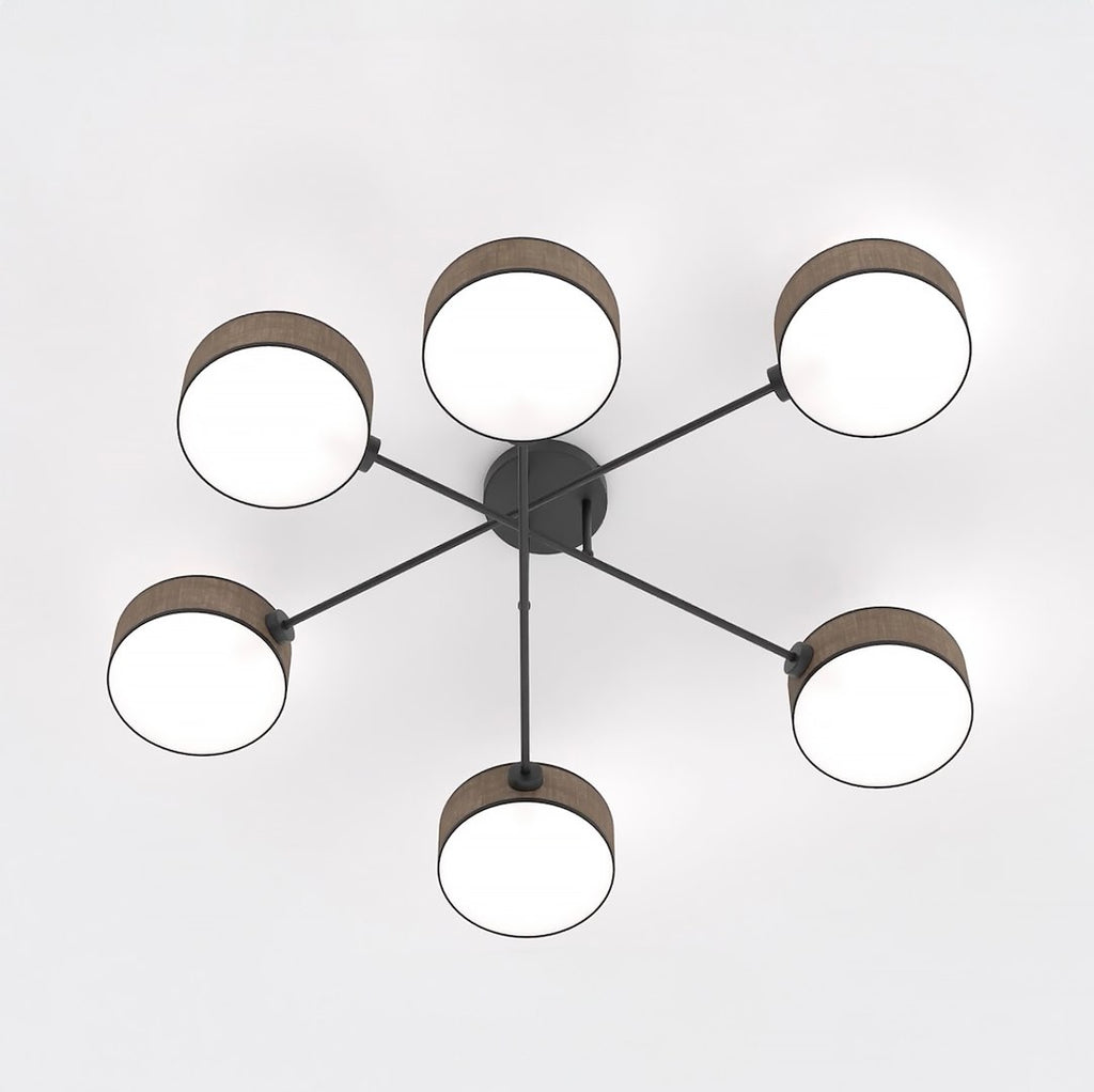 Plafondlamp gepoedercoat staal Japandi bruin met 6 kappen, 105 x 105 cm, woonkamer, eetkamer en slaapkamer