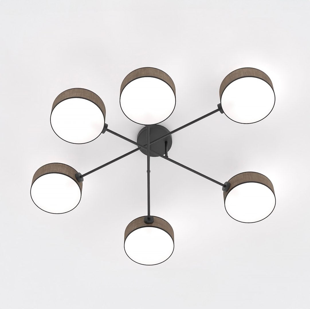 Plafondlamp gepoedercoat staal Japandi bruin met 6 kappen, 105 x 105 cm, woonkamer, eetkamer en slaapkamer