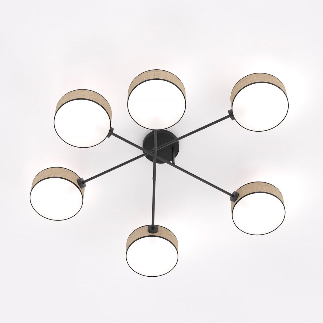 Plafondlamp gepoedercoat staal rotan-look Japandi zwart en bruin, 6 lichtpunten 105 x 105 cm