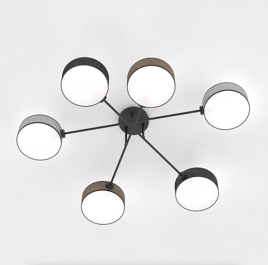 Plafondlamp gepoedercoat staal Japandi zwart met 6 kappen in zwart, bruin en grijs 105 x 105 cm, woonkamer