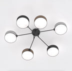 Plafondlamp gepoedercoat staal Japandi zwart met 6 kappen in zwart, bruin en grijs 105 x 105 cm, woonkamer