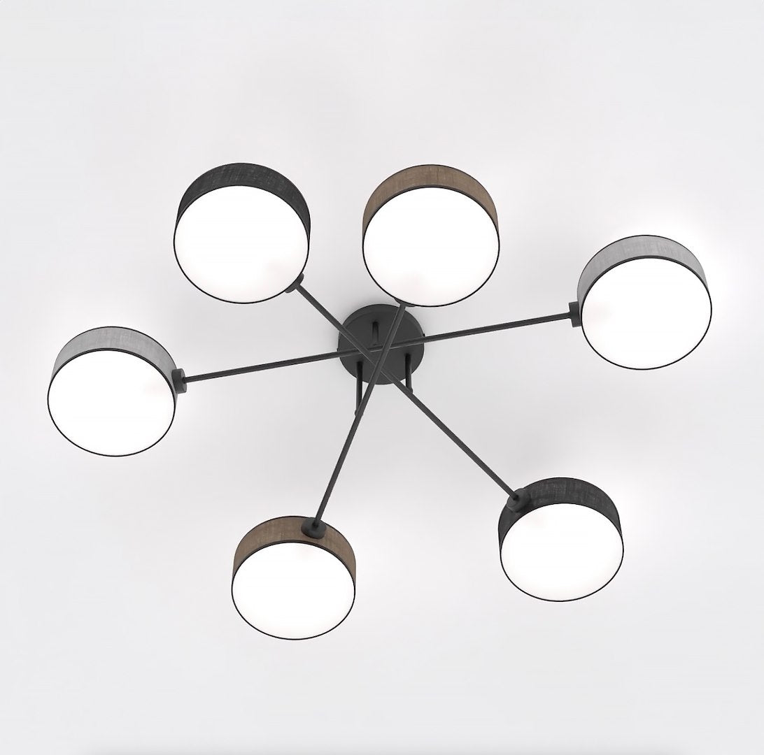 Plafondlamp gepoedercoat staal Japandi zwart met 6 kappen in zwart, bruin en grijs 105 x 105 cm, woonkamer