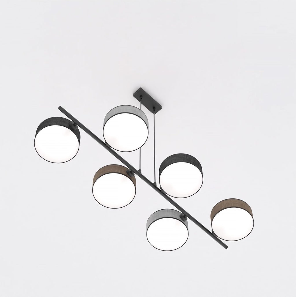 Hanglamp gepoedercoat staal Japandi Drumz 6 lichts, zwart, bruin en grijs, 100 x 46 cm, boven eettafel