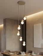 Hanglamp gepoedercoat staal hout Loop Scandinavisch beige met witte kappen, 6 lichtpunten (G9) voor boven eettafel