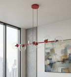 Hanglamp gepoedercoat staal en glas Magnus, bordeaux met transparante glazen kappen, 6 lichts, 110 cm breed