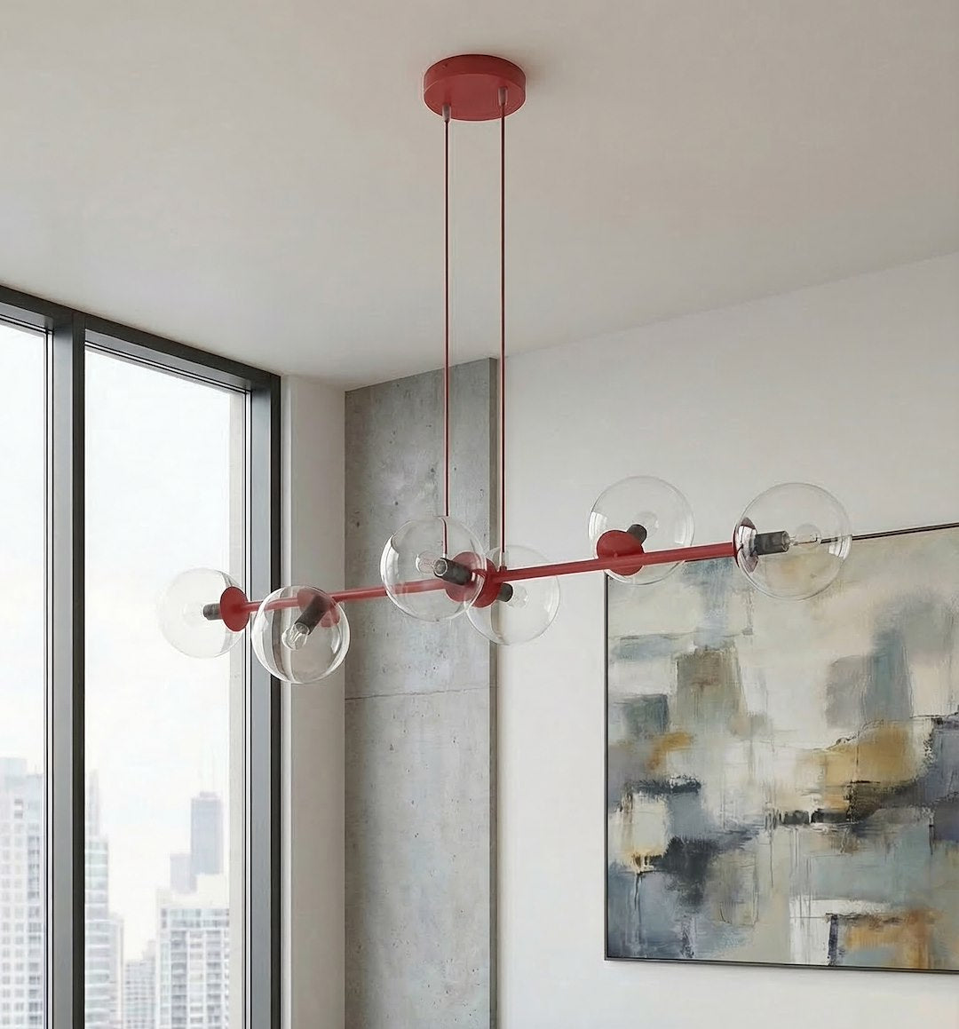 Hanglamp gepoedercoat staal en glas Magnus, bordeaux met transparante glazen kappen, 6 lichts, 110 cm breed