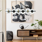 Hanglamp Rory gepoedercoat staal en glas, zwart met transparante kappen, 6 lichts, 95 x 110 cm, eettafel
