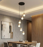 Hanglamp gepoedercoat staal en hout Loop, Scandinavisch zwart, 6 fittingen G9, witte kap Ø 10 cm, eettafel