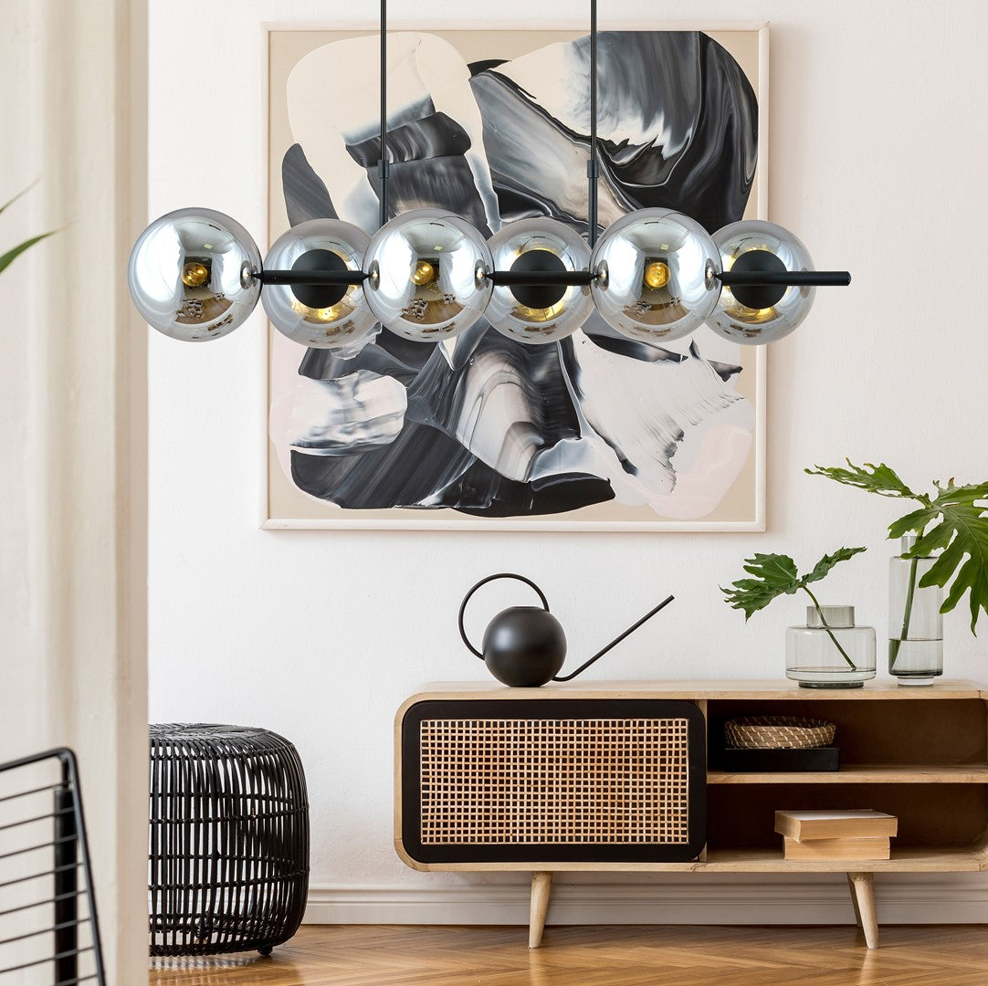 Hanglamp gepoedercoat staal en glas Rory grafiet, zwart, 6 lichts, 95 x 110 cm, eettafel en kookeiland