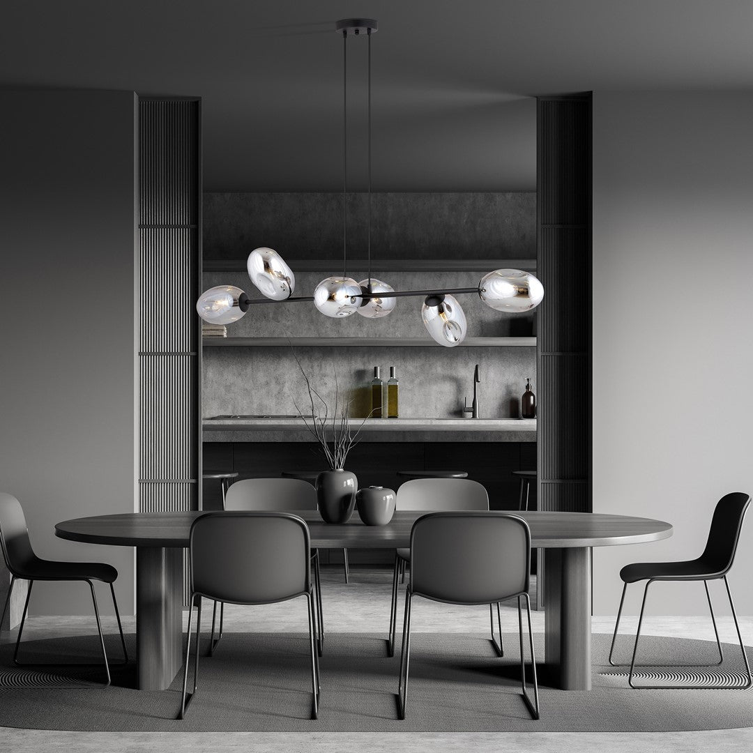 Hanglamp gepoedercoat staal en glas Pandora, zwart met grafiet kappen, 6 lichtpunten, 120 x 100 cm