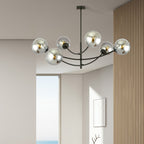 Plafondlamp gepoedercoat staal en glas Hunter zwart, grafiet kappen, 6 lichtpunten, 89 x 63 cm, eettafel of keukeneiland