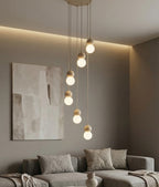 Hanglamp gepoedercoat staal hout Loop Scandinavisch beige met witte kappen, 6 lichtpunten (G9) voor boven eettafel