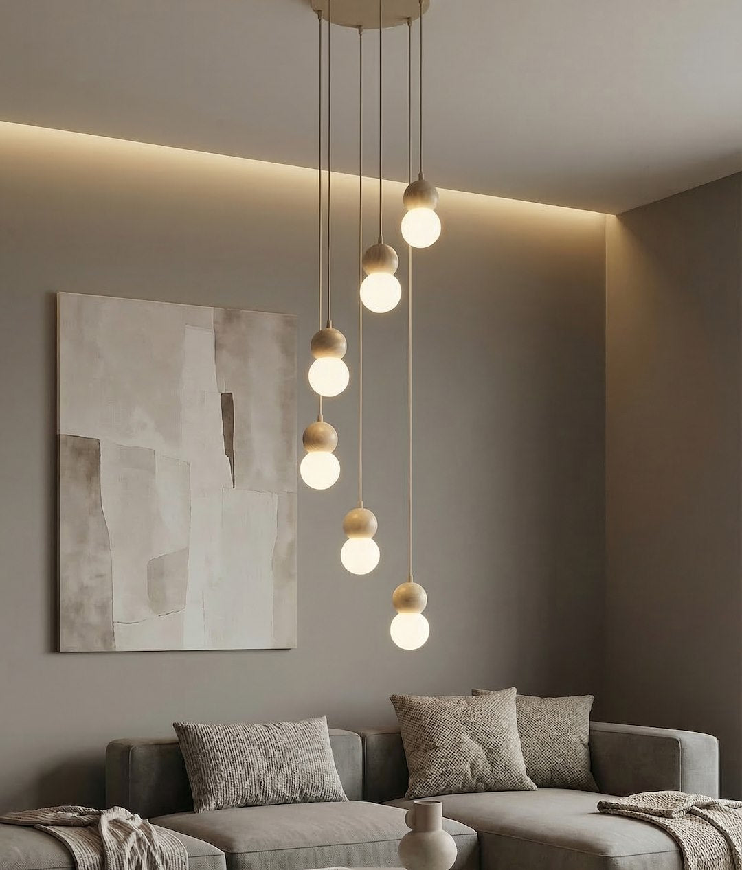 Hanglamp gepoedercoat staal hout Loop Scandinavisch beige met witte kappen, 6 lichtpunten (G9) voor boven eettafel