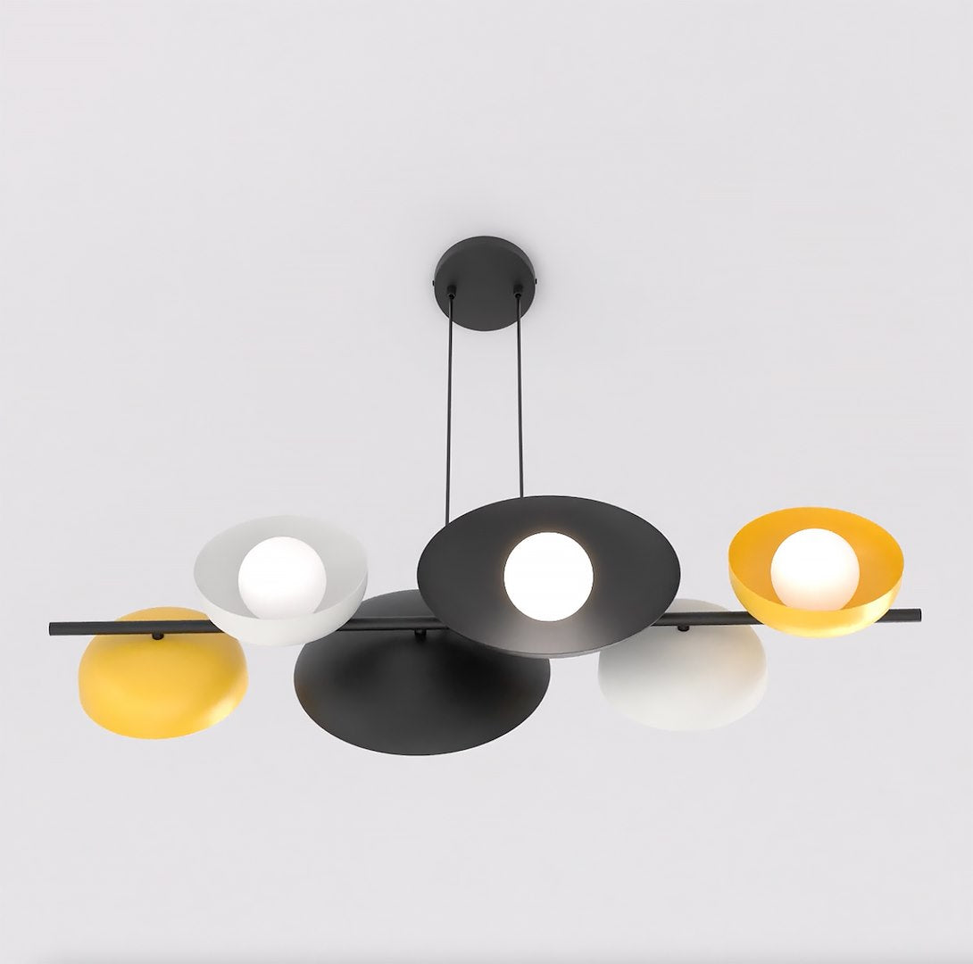 Hanglamp lineair gepoedercoat staal Volume 6 mat zwart met witte en gele accenten, 6 x G9, 100 cm, eettafel