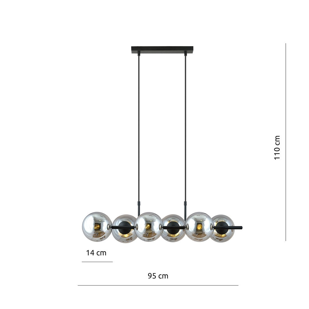 Hanglamp gepoedercoat staal en glas Rory grafiet, zwart, 6 lichts, 95 x 110 cm, eettafel en kookeiland