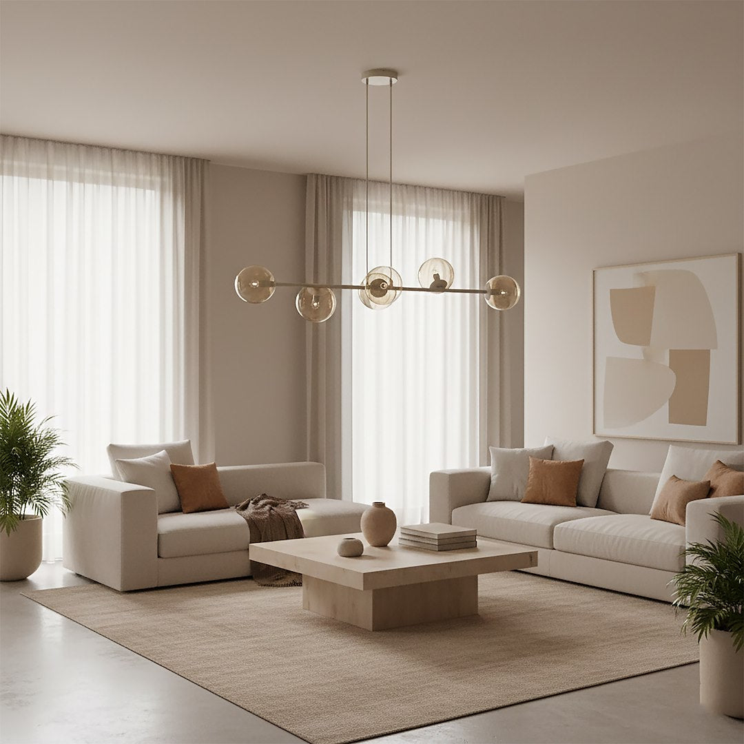 Hanglamp gepoedercoat staal en glas Magnus, beige met amber glas, breedte 110 cm, 6 fittingen E14