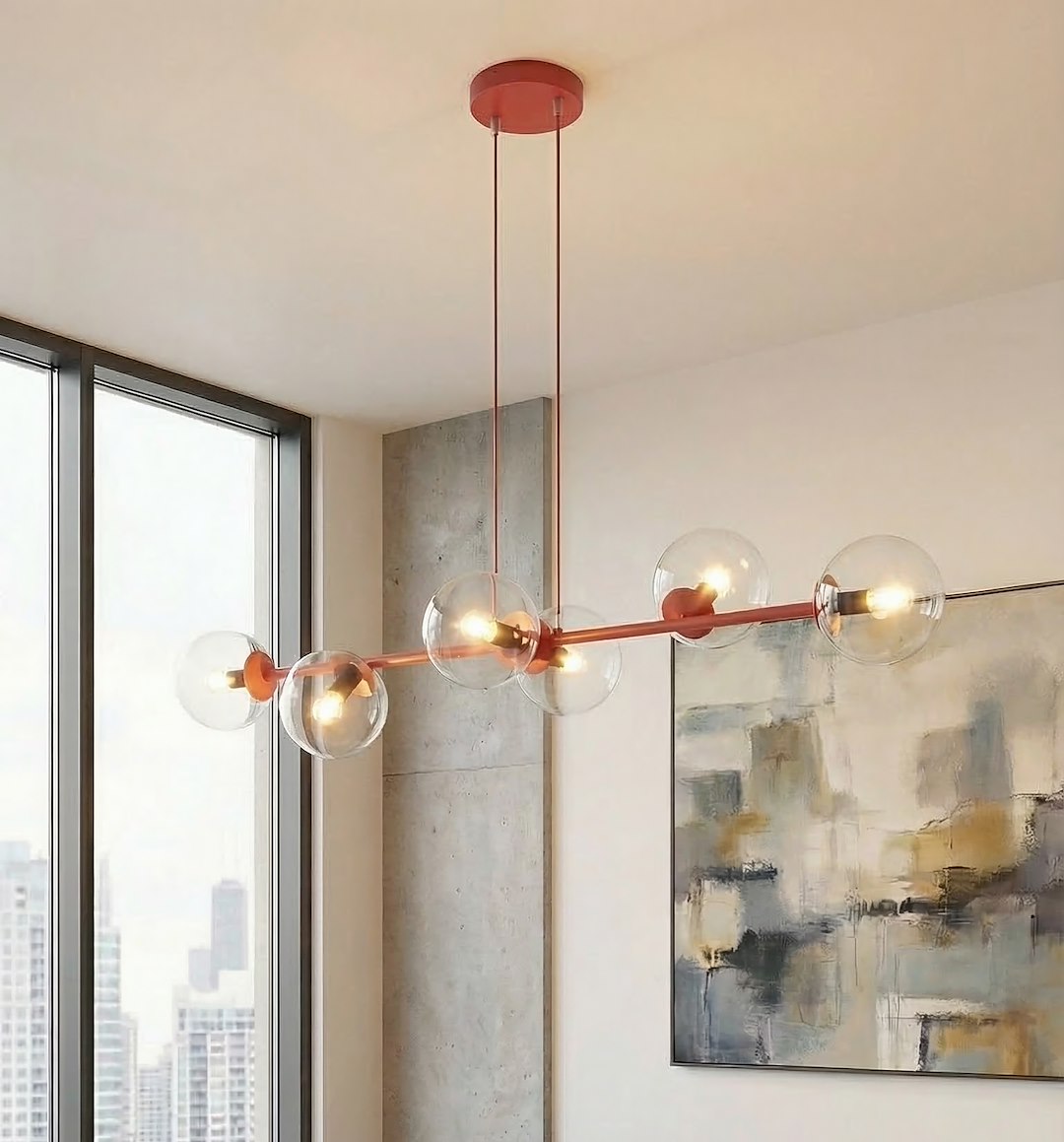 Hanglamp gepoedercoat staal en glas Magnus, bordeaux met transparante glazen kappen, 6 lichts, 110 cm breed