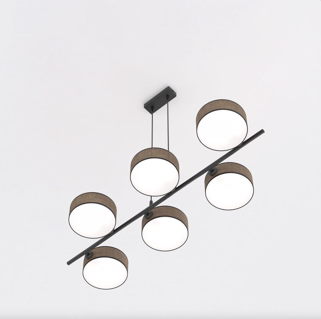 Hanglamp gepoedercoat staal Japandi bruin zwart, 6 lichts, kap Ø 20 cm, 100 x 46 x 120 cm, eettafel