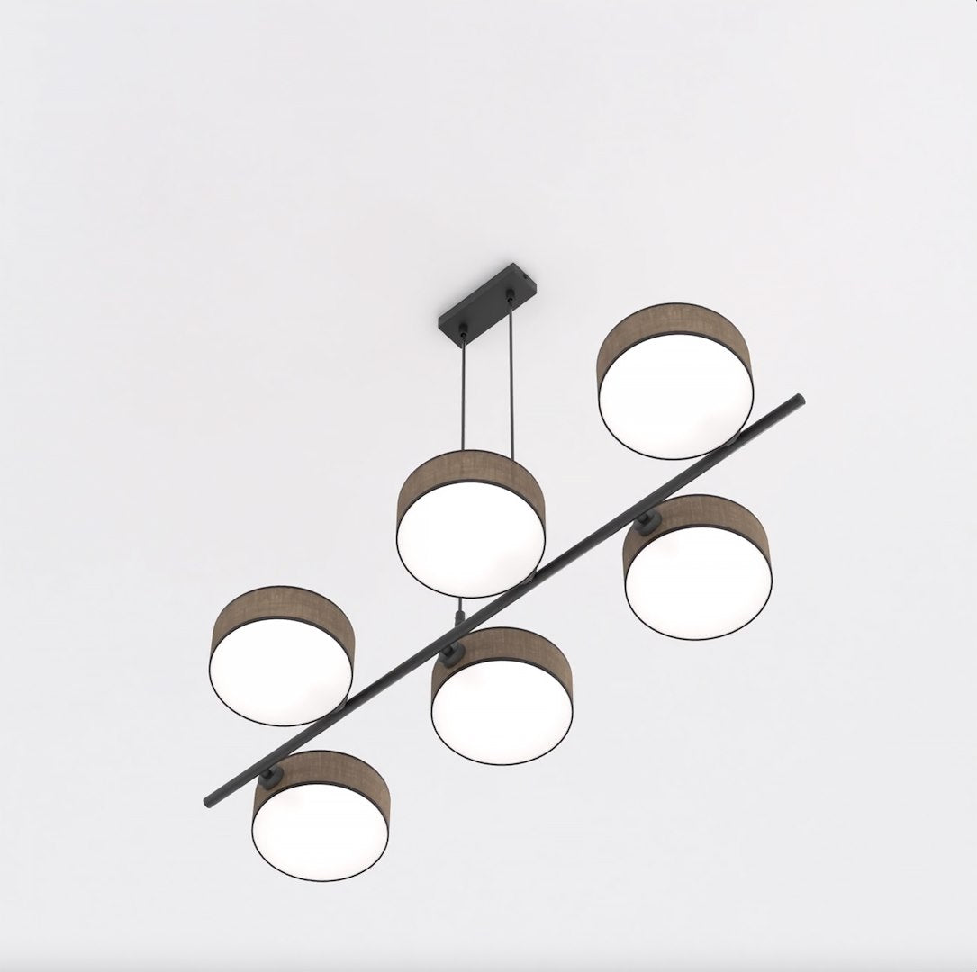 Hanglamp gepoedercoat staal Japandi bruin zwart, 6 lichts, kap Ø 20 cm, 100 x 46 x 120 cm, eettafel
