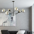 Plafondlamp gepoedercoat staal en glas Hunter zwart, grafiet kappen, 6 lichtpunten, 89 x 63 cm, eettafel of keukeneiland