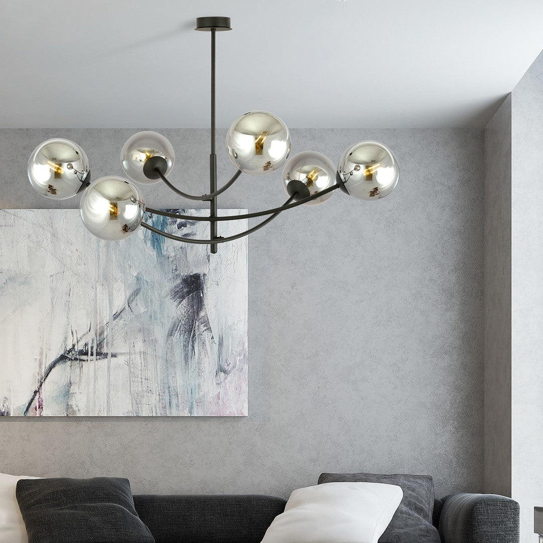 Plafondlamp gepoedercoat staal en glas Hunter zwart, grafiet kappen, 6 lichtpunten, 89 x 63 cm, eettafel of keukeneiland