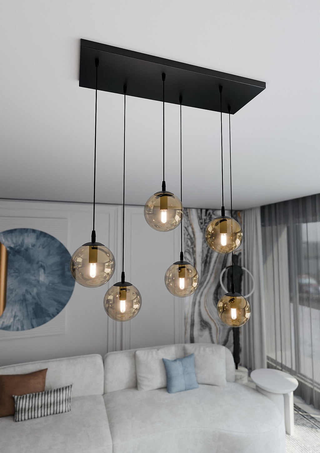 Hanglamp 6 lichts gepoedercoat staal en glas, Cosmo modern, zwart met amberkleurige kappen, 65 x 120 cm