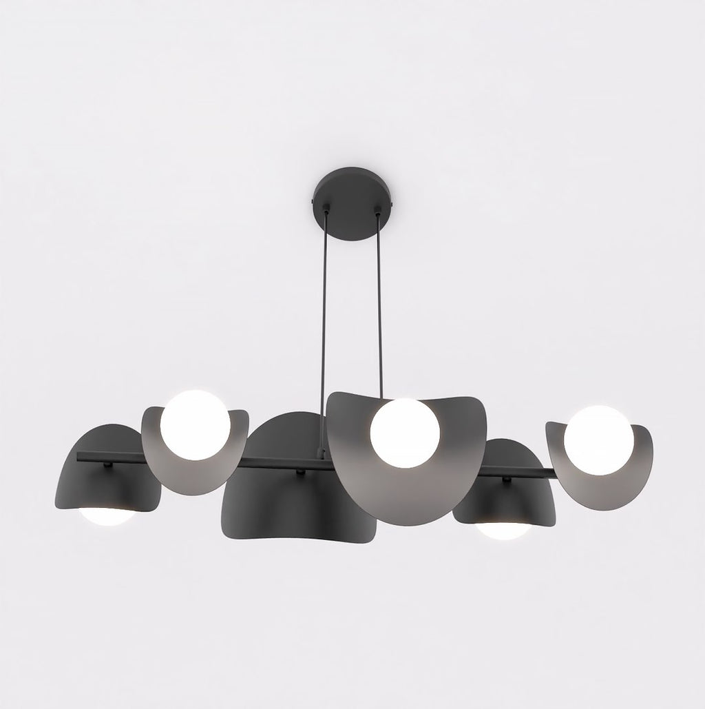 Hanglamp gepoedercoat staal modern zwart met 6 witte kapjes, 87 x 23 x 120 cm, boven eettafel of kookeiland