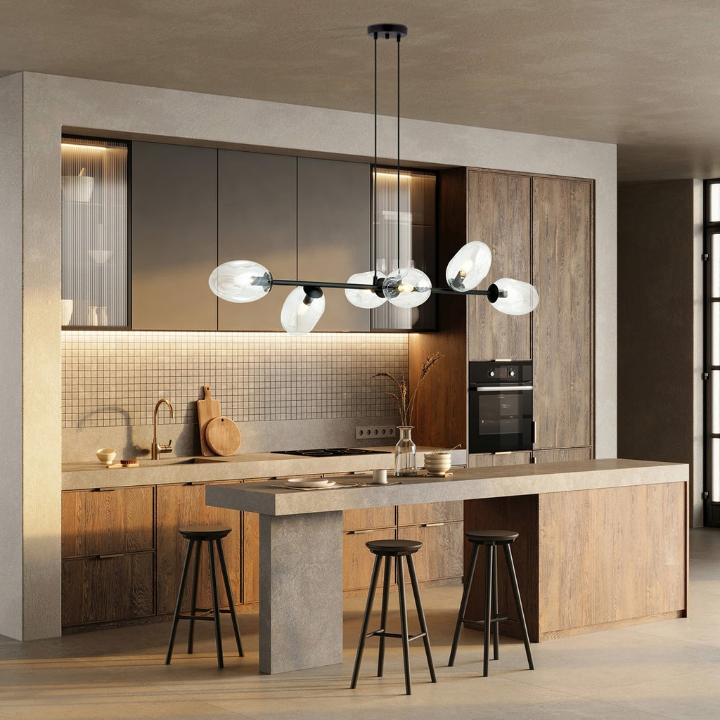 Hanglamp staal en glas Pandora zwart met transparante glazen kappen, 6 lichts, 120 x 100 cm, verstelbaar