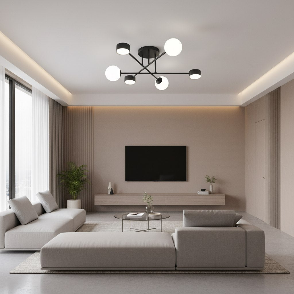 Plafondlamp gepoedercoat staal modern Holon zwart met witte kappen, 64 x 64 x 23 cm, 6 fittingen, woonkamer, eetkamer of hal