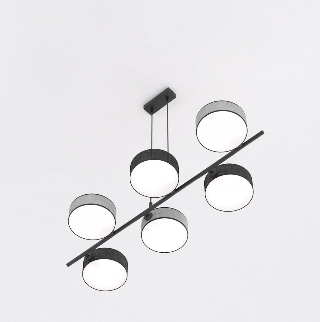 Hanglamp gepoedercoat staal Japandi zwart en grijs, 6 lichts met kappen Ø 20 cm, eettafel
