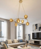 Hanglamp gepoedercoat staal en glas Azura, beige met amberkleurige glazen bollen, 6 lichts, 75 x 75 cm