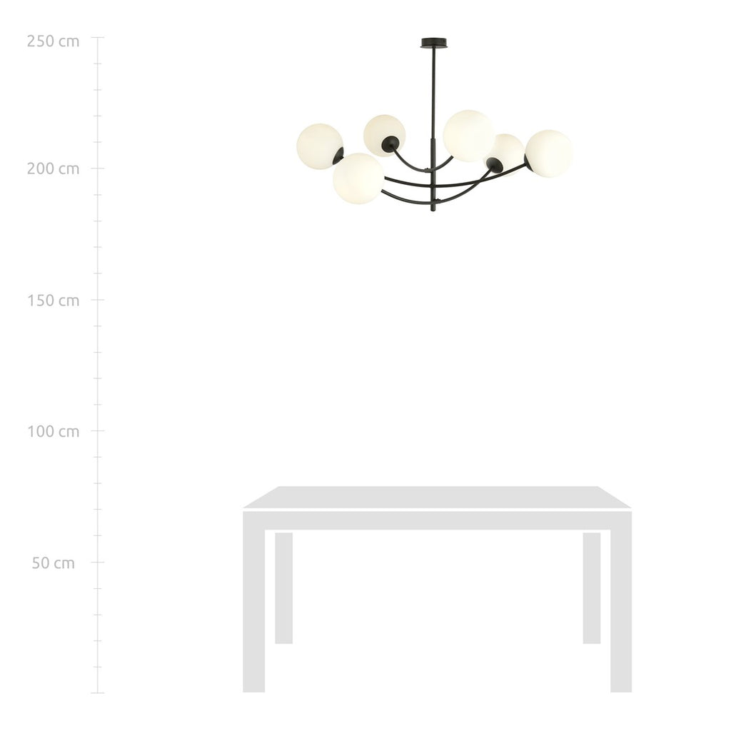 Plafondlamp gepoedercoat staal en glas Hunter 6 lichtpunten, modern, zwart met wit glas – 89 x 63 cm